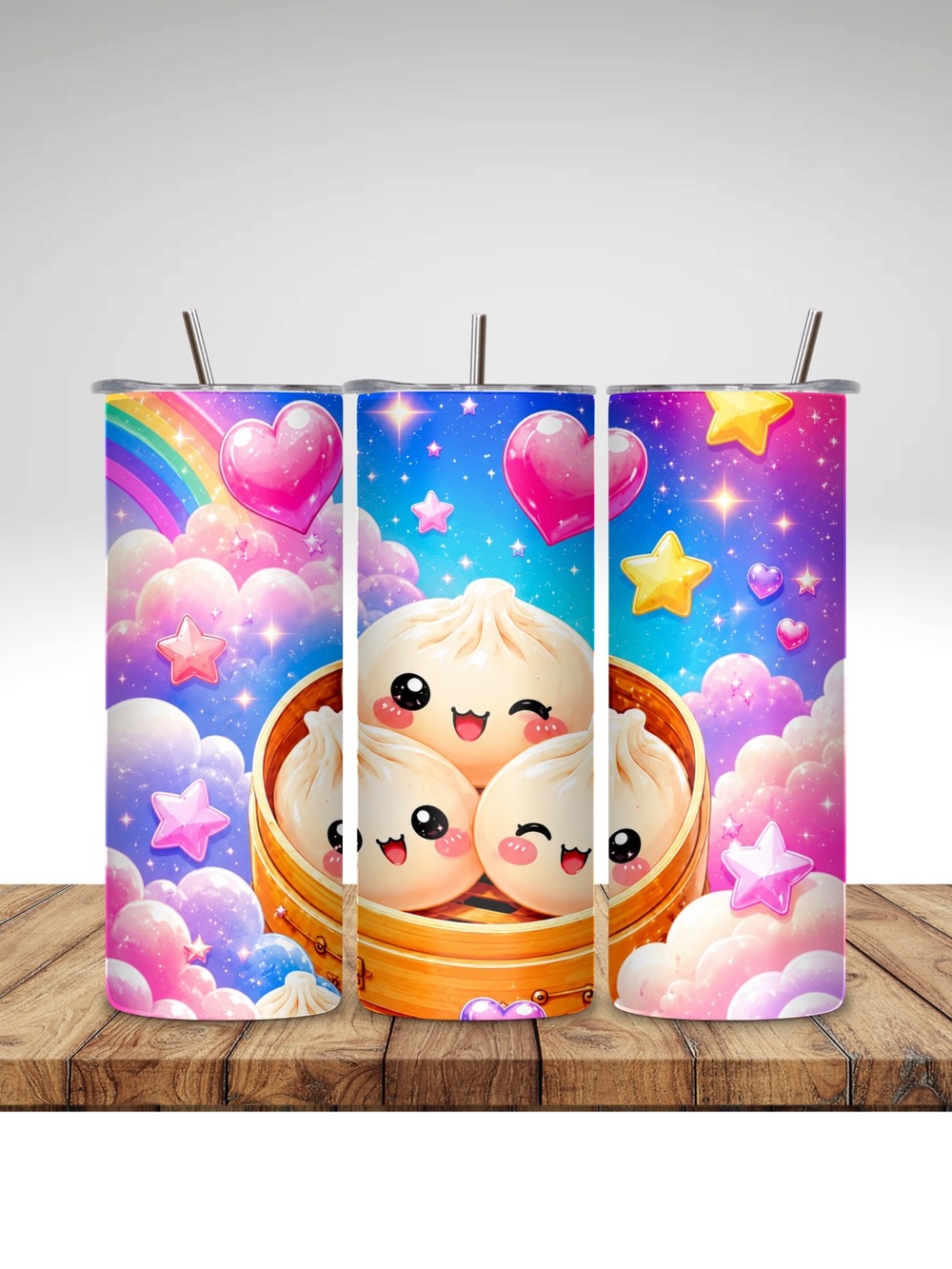 Kawaii Dumpling Bamboo Steamer Tumbler - Rainbow Hearts & Stars
